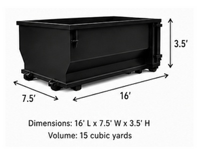 15 yard roll-off dumpster with rear door, 16' long by 7.5' wide by 3.5' high