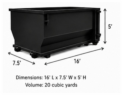 20 yard roll-off dumpster with rear door, 16' long by 7.5' wide by 5' high