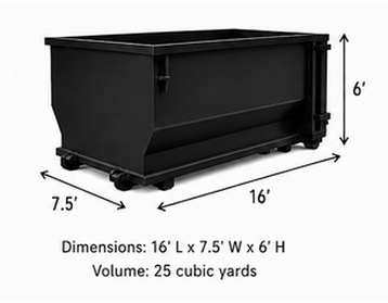 25 yard roll-off dumpster with rear door, 16' long by 7.5' wide by 6' high