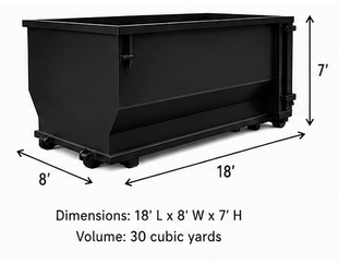 30 yard roll-off dumpster with rear door, 18' long by 8' wide by 7' high
